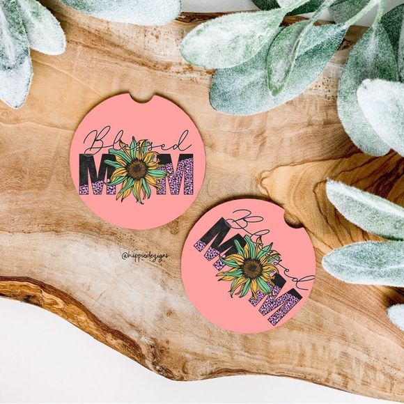 Pink Floral Blessed Mom Car Coaster Set - Picture 2 of 7